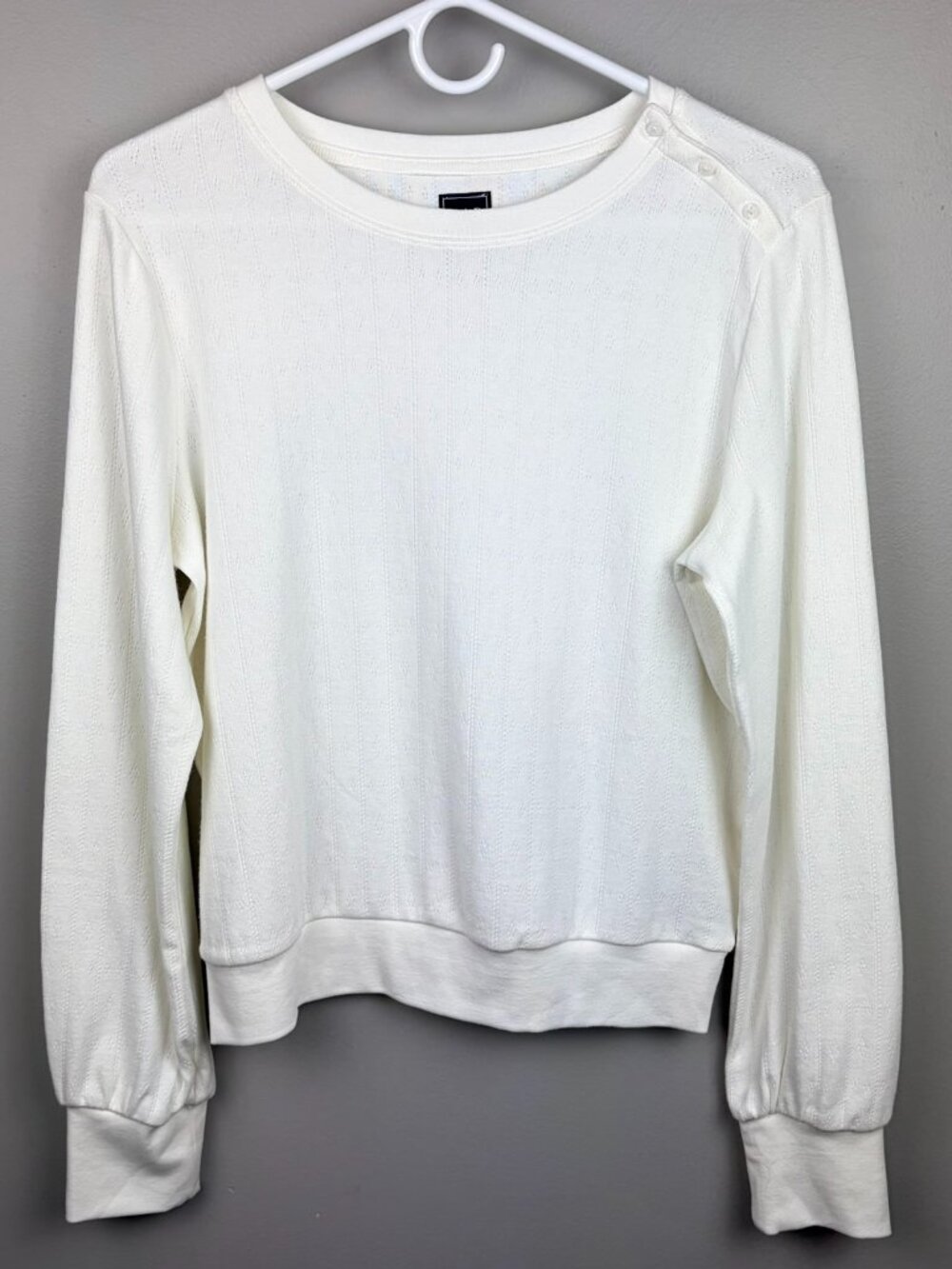 Gap White Crew Neck Pointelle Long Sleeve Knit Top Crew Neck Size Large